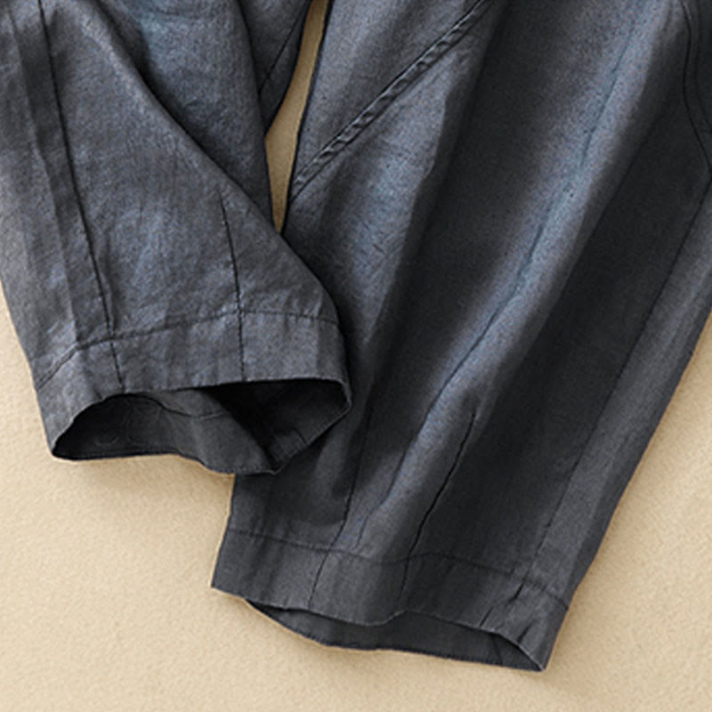 Buddha Stones Casual Plain Cropped Pants Women's Cotton Linen Harem Pants With Pockets - image 3