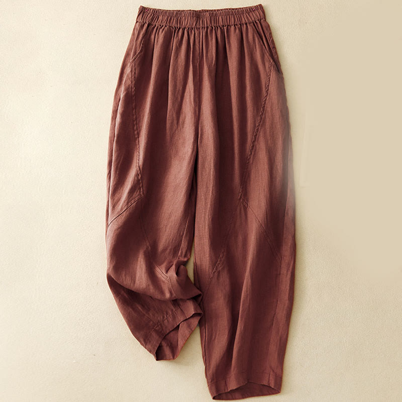 Buddha Stones Casual Plain Cropped Pants Women's Linen Harem Pants With Pockets - Maroon - US8-10，UK/AU12-14，EU40-42 (2XL) - image 15