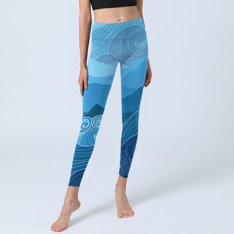 Buddha Stones Blue Waves Mountains Print Gym Leggings Women's Yoga Pants - image 5