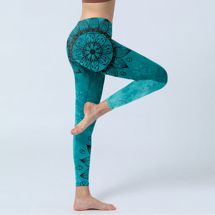 Buddha Stones Green Sunflowers Blossoms Print Gym Leggings Women's Yoga Pants - image 3