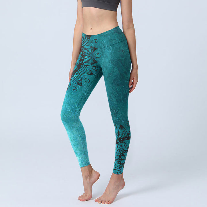 Buddha Stones Green Sunflowers Blossoms Print Gym Leggings Women's Yoga Pants - CadetBlue - US18，UK/AU22，EU50 (4XL) - image 0