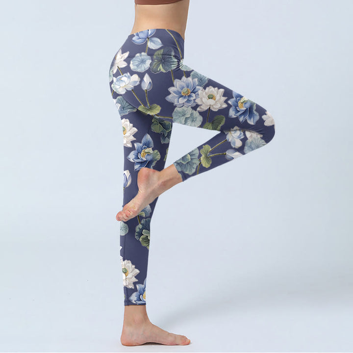 Buddha Stones Blue White Lotus Flowers Oil Painting Print Gym Leggings Women's Yoga Pants - image 3