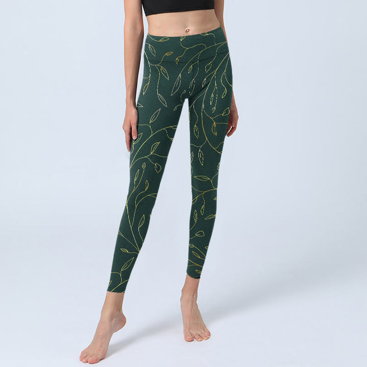 Buddha Stones Green Golden Leaves Branches Print Gym Leggings Women's Yoga Pants - image 5