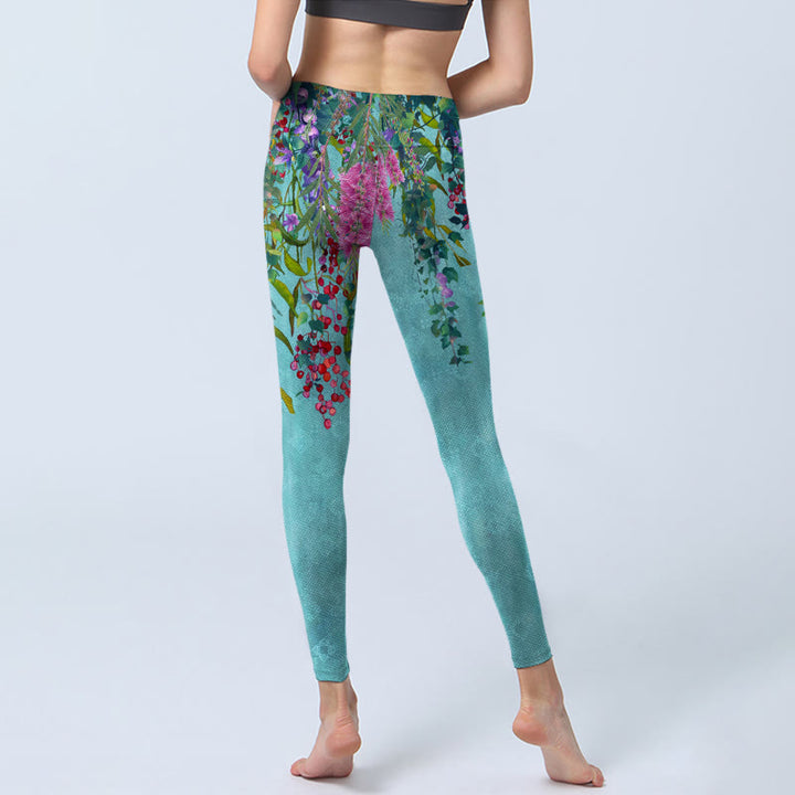 Buddha Stones Vibrant Flowers Green Willow Leaves Print Gym Leggings Women's Yoga Pants - image 6