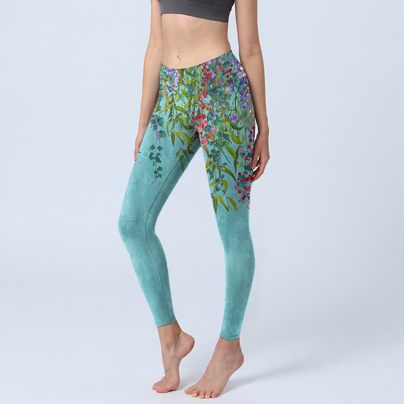 Buddha Stones Vibrant Flowers Green Willow Leaves Print Gym Leggings Women's Yoga Pants - MediumTurquoise - US18，UK/AU22，EU50 (4XL) - image 0