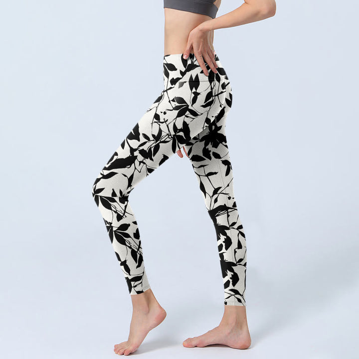 Buddha Stones Black Leaves Print Gym Leggings Women's Yoga Pants - image 2
