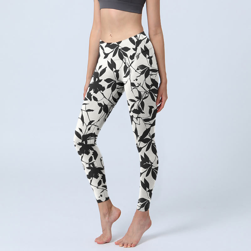 Buddha Stones Black Leaves Print Gym Leggings Women's Yoga Pants - Snow - US18，UK/AU22，EU50 (4XL) - image 0