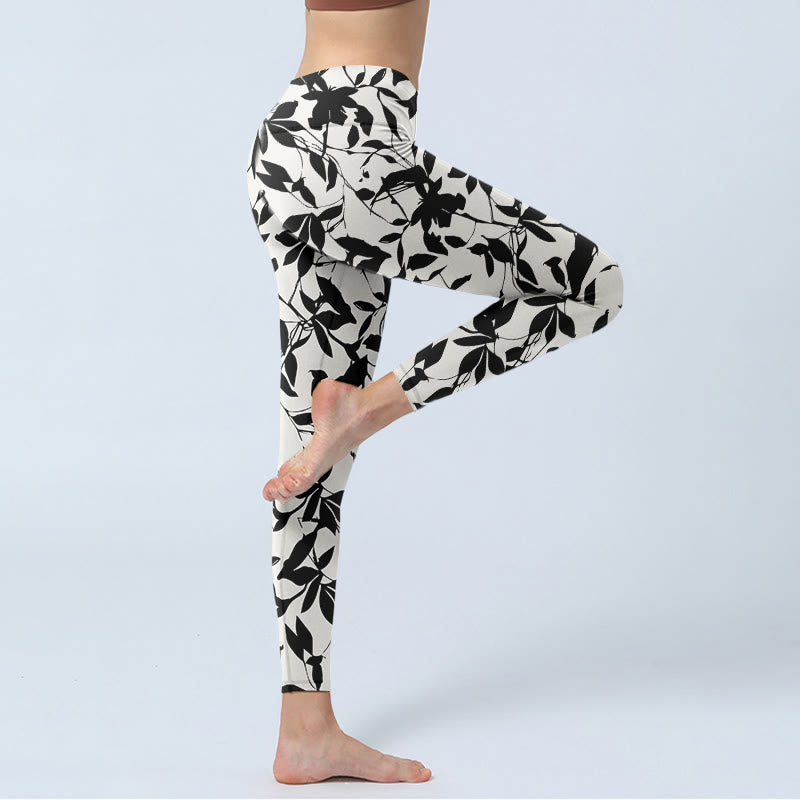 Buddha Stones Black Leaves Print Gym Leggings Women's Yoga Pants - image 3