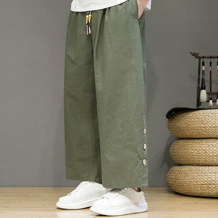 Buddha Stones Solid Color Linen Buttons Drawstring Men's Straight Leg Pants With Pockets - image 26