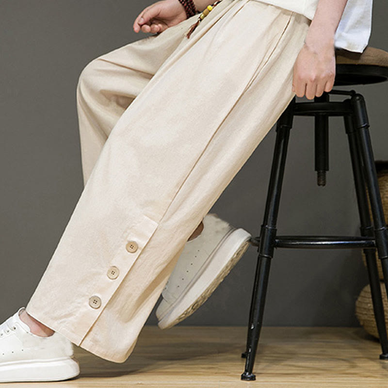 Buddha Stones Solid Color Linen Buttons Drawstring Men's Straight Leg Pants With Pockets - image 6