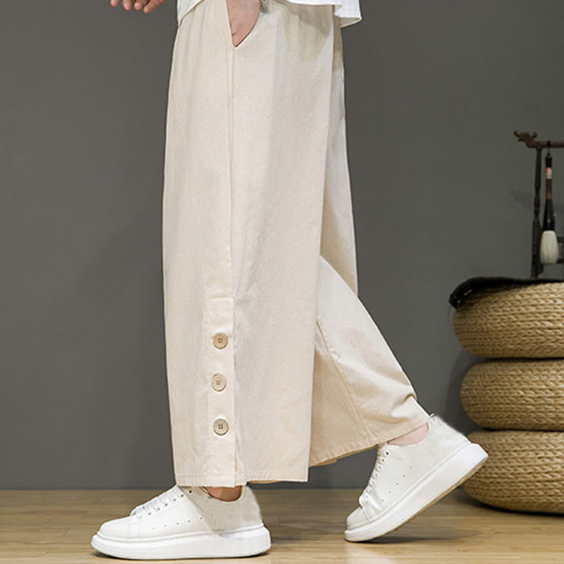 Buddha Stones Solid Color Linen Buttons Drawstring Men's Straight Leg Pants With Pockets - image 4
