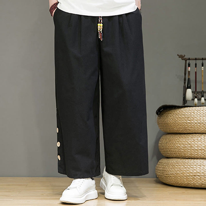 Buddha Stones Solid Color Linen Buttons Drawstring Men's Straight Leg Pants With Pockets - image 11