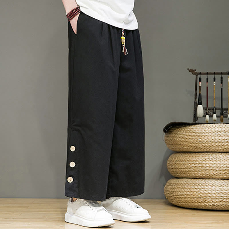 Buddha Stones Solid Color Linen Buttons Drawstring Men's Straight Leg Pants With Pockets - image 12