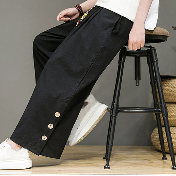 Buddha Stones Solid Color Linen Buttons Drawstring Men's Straight Leg Pants With Pockets - image 14