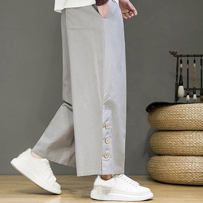 Buddha Stones Solid Color Linen Buttons Drawstring Men's Straight Leg Pants With Pockets - image 21