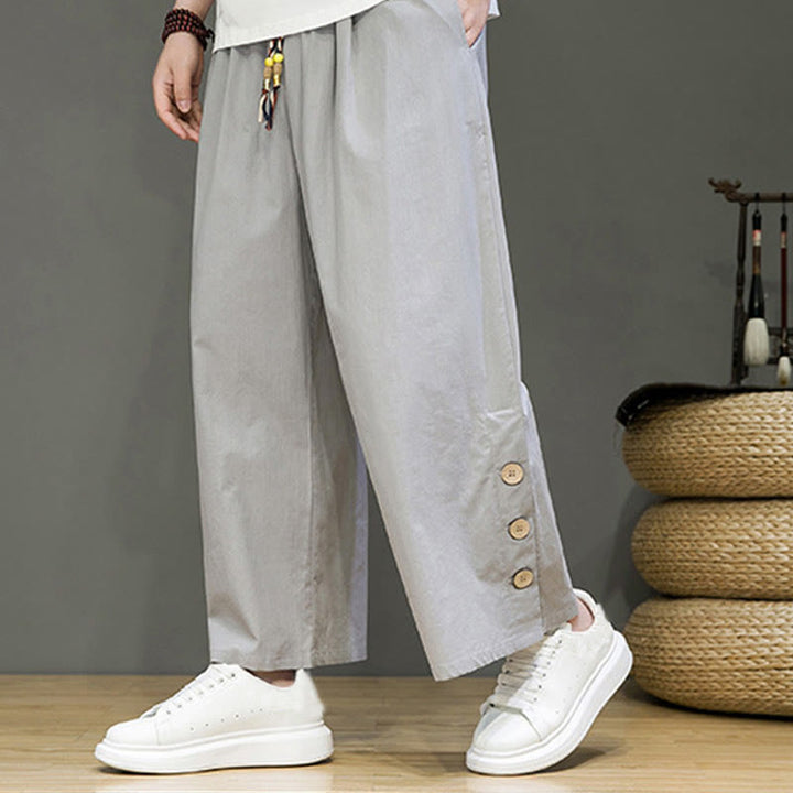 Buddha Stones Solid Color Linen Buttons Drawstring Men's Straight Leg Pants With Pockets - LightGrey - US/UK/AU46，EU56 (5XL) - image 16