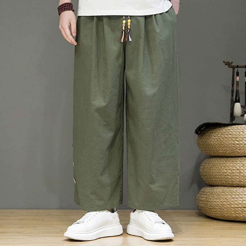 Buddha Stones Solid Color Linen Buttons Drawstring Men's Straight Leg Pants With Pockets - image 27
