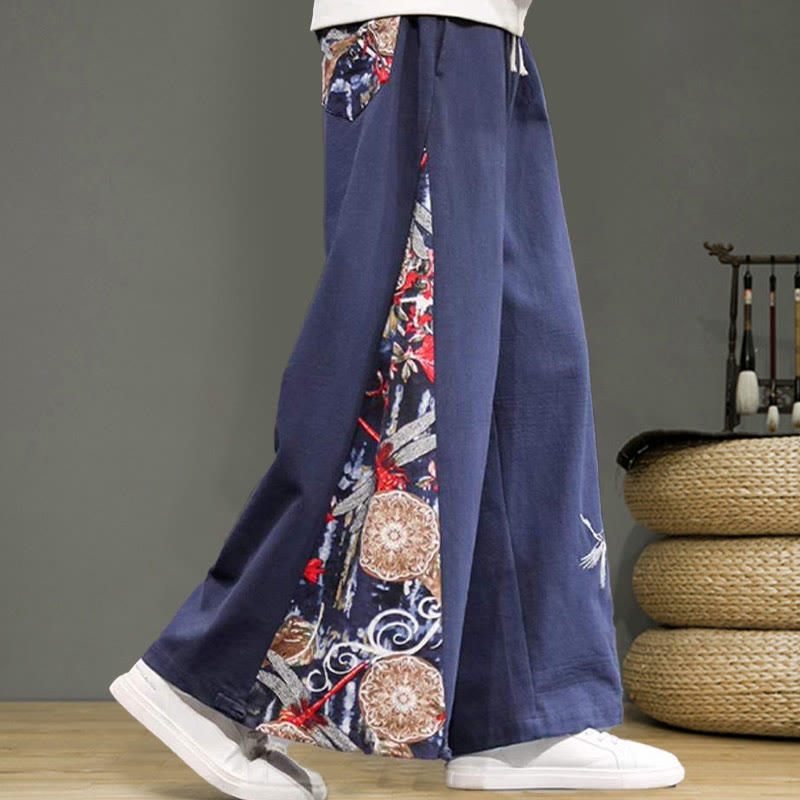 Buddha Stones Crane Embroidery Drawstring Men's Cotton Linen Wide Leg Pants With Pockets - image 6