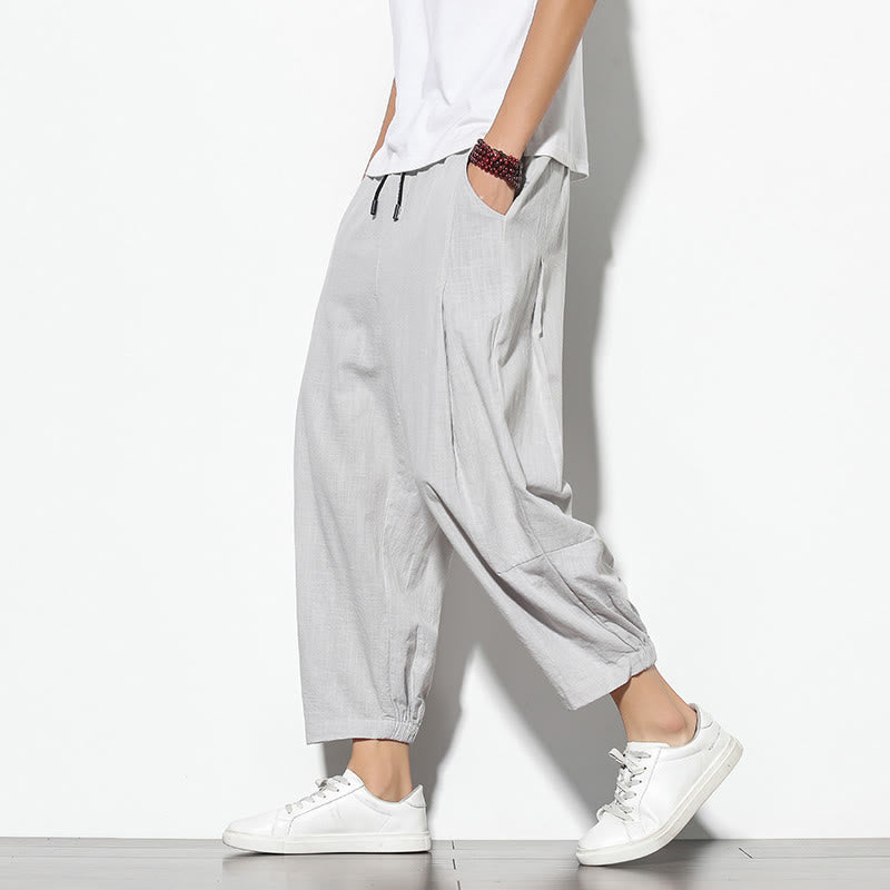 Buddha Stones Summer Men's 7-8 Length Cotton Linen Carrot Pants With Pockets - LightGrey - US/UK/AU46，EU56 (5XL) - image 3