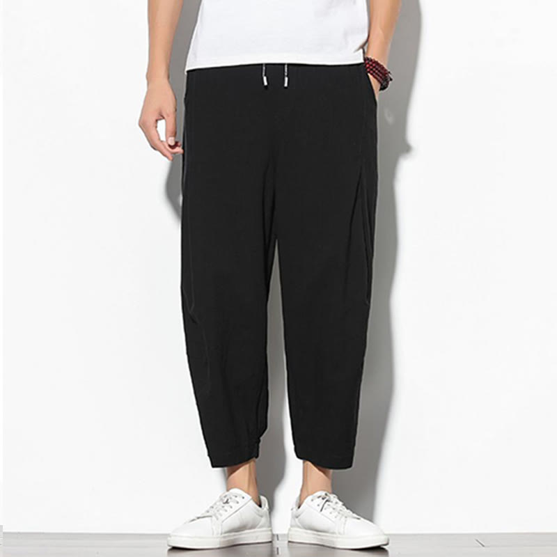 Buddha Stones Summer Men's 7-8 Length Cotton Linen Carrot Pants With Pockets - image 15