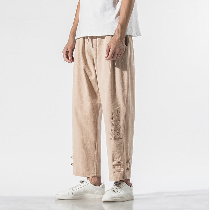 Buddha Stones Summer Chinese Characters Embroidery Men's Cotton Linen Pants With Pockets - Wheat - US/UK/AU46，EU56 (5XL) - image 10