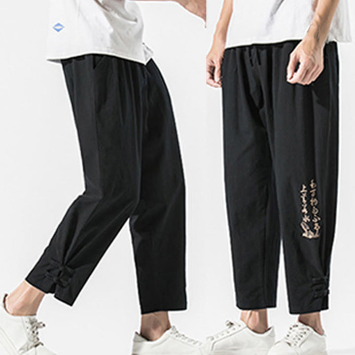Buddha Stones Summer Chinese Characters Embroidery Men's Cotton Linen Pants With Pockets - image 8