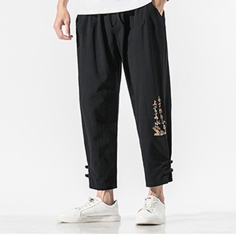Buddha Stones Summer Chinese Characters Embroidery Men's Cotton Linen Pants With Pockets - image 4