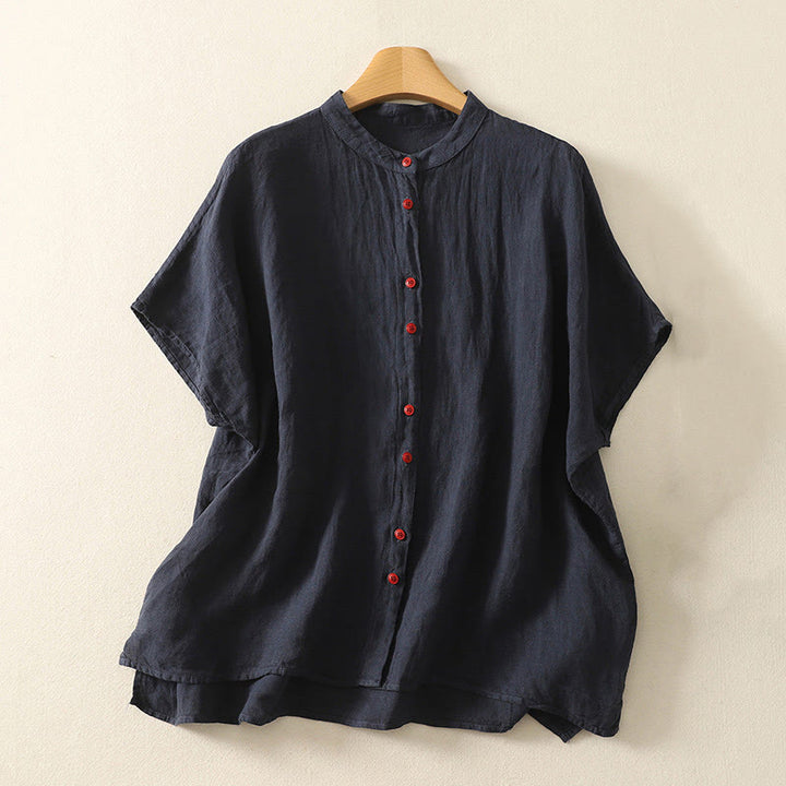 Buddha Stones Summer Plain Red Buttons Short Sleeve Women's Cotton Linen Shirt - MidnightBlue - US14，UK/AU18，EU46 (2XL) - image 0