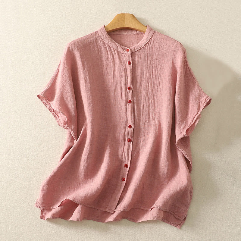 Buddha Stones Summer Plain Red Buttons Short Sleeve Women's Cotton Linen Shirt - DarkSalmon - US14，UK/AU18，EU46 (2XL) - image 4
