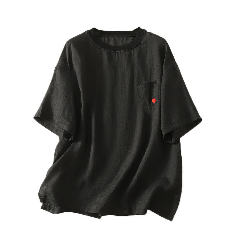 Buddha Stones Casual Embroidery Red Heart Short Sleeve Women's Cotton Linen T-Shirt - image 18