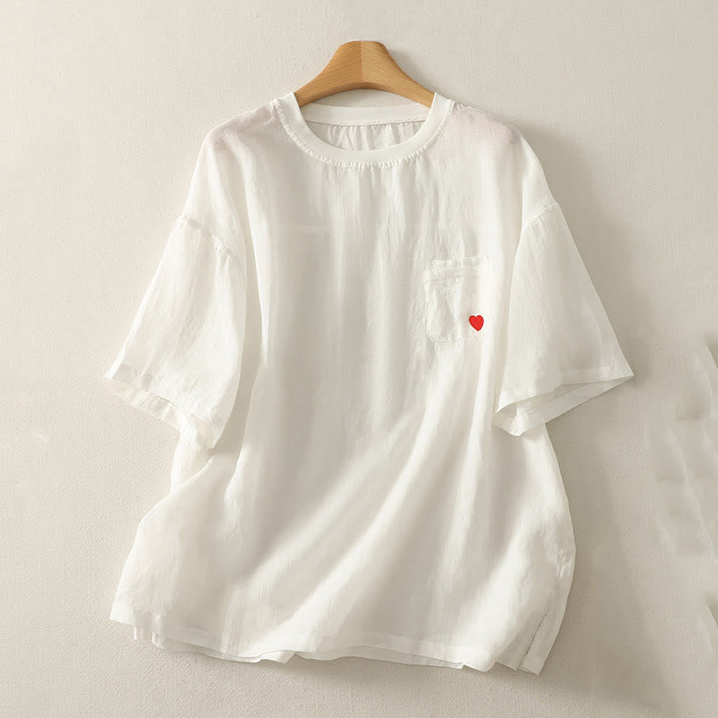 Buddha Stones Casual Embroidery Red Heart Short Sleeve Women's Cotton Linen T-Shirt - White - US14，UK/AU18，EU46 (2XL) - image 3