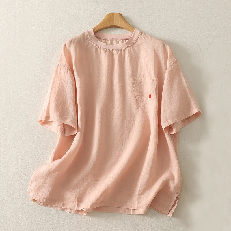 Buddha Stones Casual Embroidery Red Heart Short Sleeve Women's Cotton Linen T-Shirt - LightSalmon - US14，UK/AU18，EU46 (2XL) - image 0