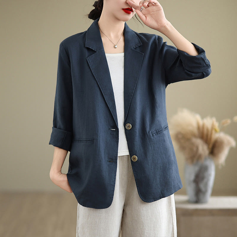 Buddha Stones Spring Solid Color Long Sleeve Cotton Linen Women's Jacket With Pockets - MidnightBlue - US8-10，UK/AU12-14，EU40-42 (2XL) - image 13