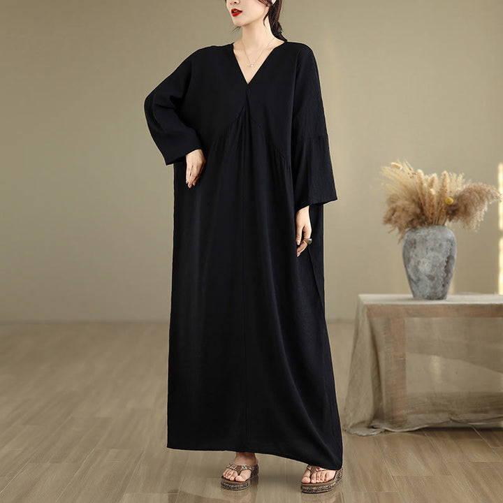 Buddha Stones Fall Pure Color V-Neck Long Sleeve Cotton Midi Dress - image 4