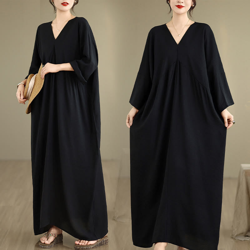 Buddha Stones Fall Pure Color V-Neck Long Sleeve Cotton Midi Dress - image 5