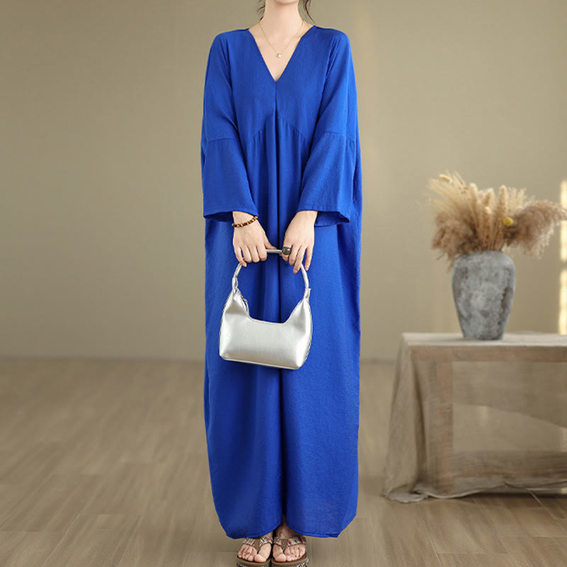 Buddha Stones Fall Pure Color V-Neck Long Sleeve Cotton Midi Dress - image 15