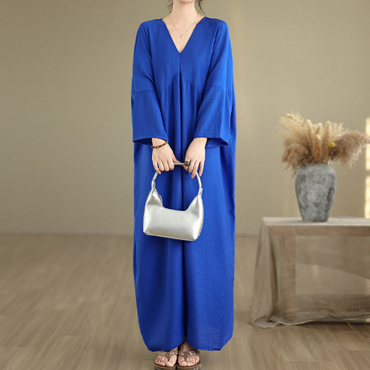Buddha Stones Fall Pure Color V-Neck Long Sleeve Cotton Midi Dress - image 15