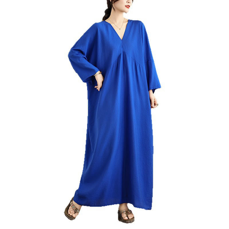 Buddha Stones Fall Pure Color V-Neck Long Sleeve Cotton Midi Dress - image 23