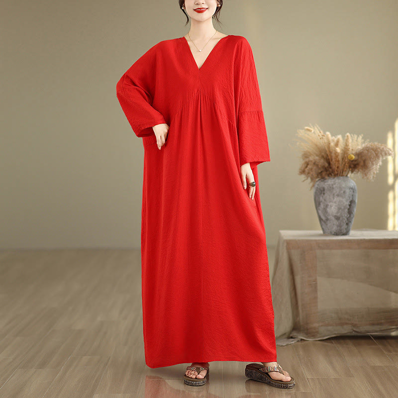 Buddha Stones Fall Pure Color V-Neck Long Sleeve Cotton Midi Dress - Red - US4-12，UK/AU8-18，EU36-46(F) - image 7