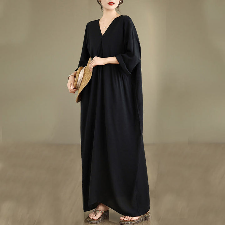 Buddha Stones Fall Pure Color V-Neck Long Sleeve Cotton Midi Dress - image 3