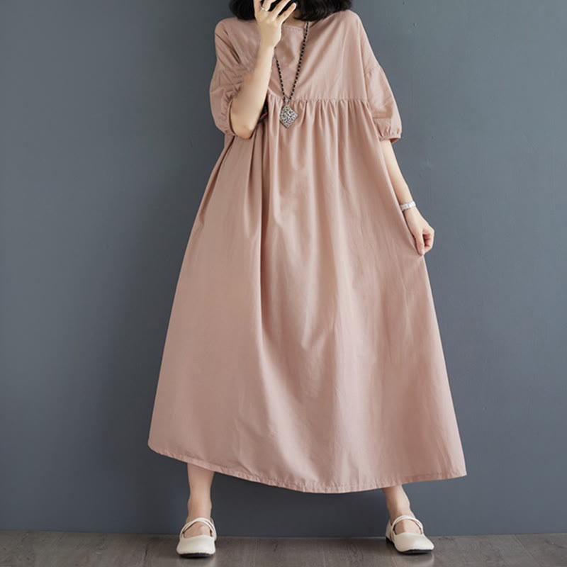 Buddha Stones Solid Color Pleated Design Crew Neck Half Puff Sleeve Cotton Midi Dress - PeachPuff - US14，UK/AU18，EU46 (2XL) - image 41