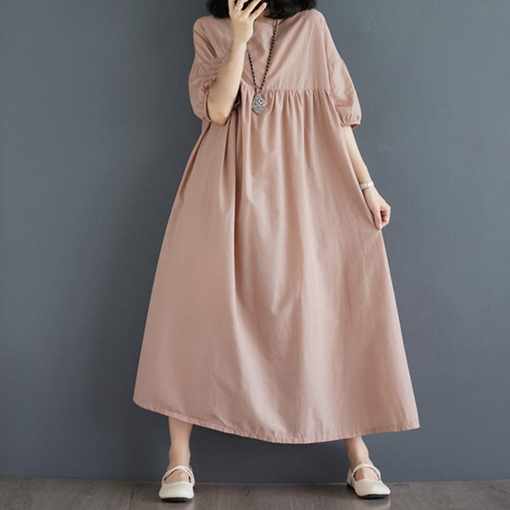 Buddha Stones Solid Color Pleated Design Crew Neck Half Puff Sleeve Cotton Midi Dress - PeachPuff - US14，UK/AU18，EU46 (2XL) - image 41