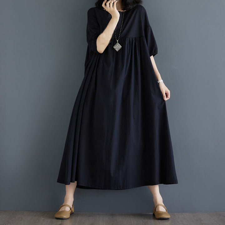 Buddha Stones Solid Color Pleated Design Crew Neck Half Puff Sleeve Cotton Midi Dress - Black - US14，UK/AU18，EU46 (2XL) - image 32