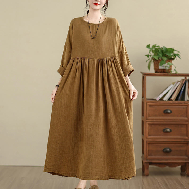 Buddha Stones Commute Pure Color Long Sleeve Cotton Linen Midi Dress With Pockets - Goldenrod - US4-12，UK/AU8-18，EU36-46(F) - image 1