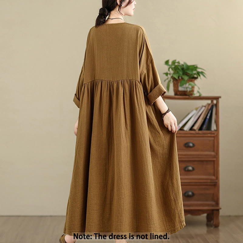 Buddha Stones Commute Pure Color Long Sleeve Cotton Linen Midi Dress With Pockets - image 2