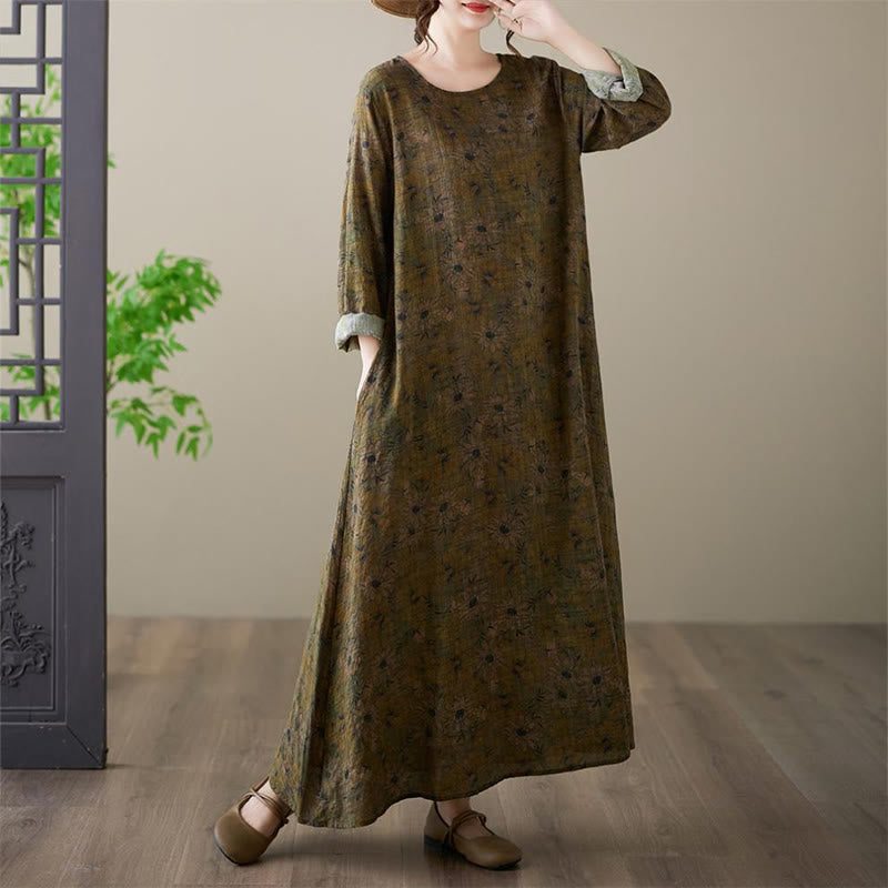 Buddha Stones Olive Printing Flower Long Sleeve Cotton Linen Maxi Dress With Pockets - image 2