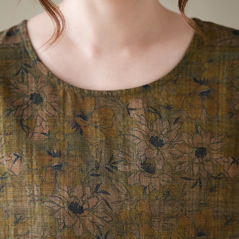 Buddha Stones Olive Printing Flower Long Sleeve Cotton Linen Maxi Dress With Pockets - image 7