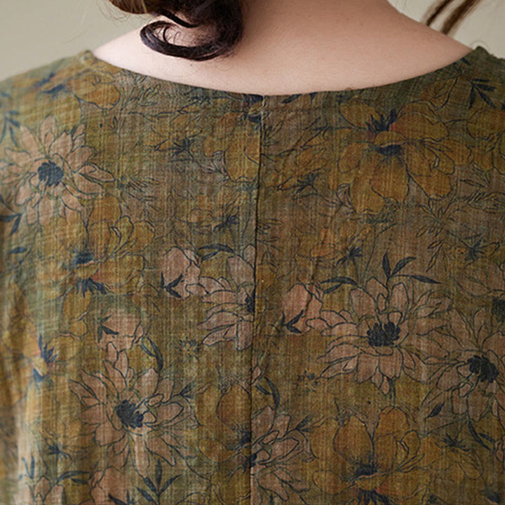 Buddha Stones Olive Printing Flower Long Sleeve Cotton Linen Maxi Dress With Pockets - image 8