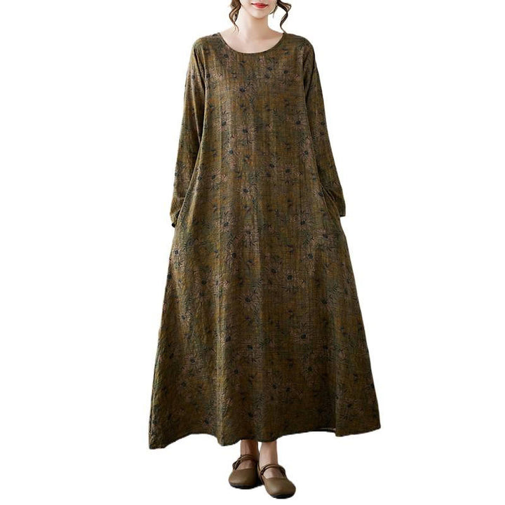 Buddha Stones Olive Printing Flower Long Sleeve Cotton Linen Maxi Dress With Pockets - image 12