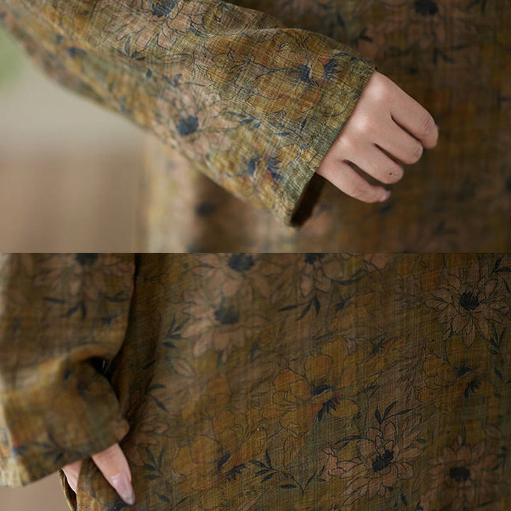 Buddha Stones Olive Printing Flower Long Sleeve Cotton Linen Maxi Dress With Pockets - image 11